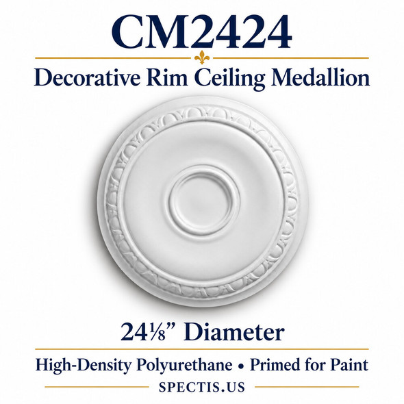 CM2424 decorative rim ceiling medallion, white primed high-density polyurethane; 24⅛" Diameter. Product illustration.