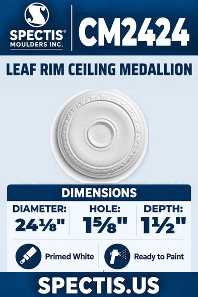 Spectis CM2424 leaf rim ceiling medallion, 24 1/8 inch with 1 5/8 inch center hole, 1 1/2 inch depth, primed polyurethane