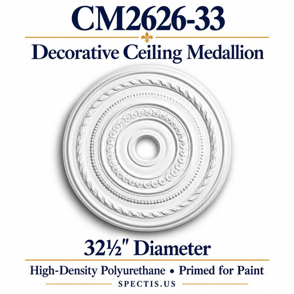 CM2626-33 decorative ceiling medallion, white primed high-density polyurethane; 32½" Diameter. Product illustration.