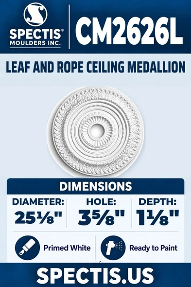 Spectis CM2626L leaf and rope ceiling medallion, 25 1/8 inch with 3 5/8 inch center hole, 1 1/8 inch depth, primed polyurethane