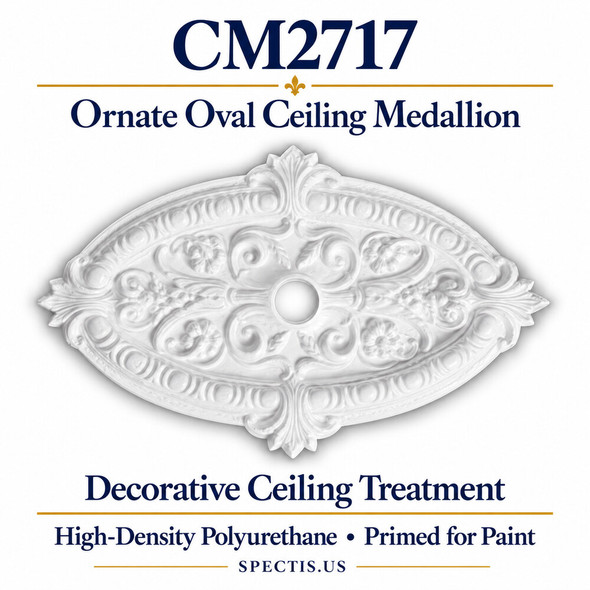 CM2717 ornate oval ceiling medallion, white primed high-density polyurethane. Product illustration.
