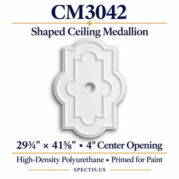 CM3042 shaped ceiling medallion, white primed high-density polyurethane; 29¾" × 41⅝" • 4" Center Opening. Product illustration.