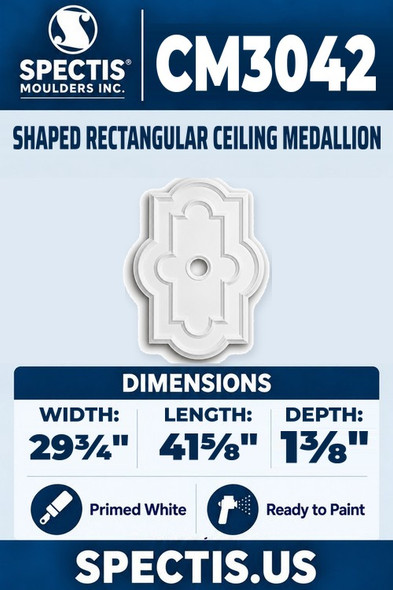 Spectis CM3042 shaped rectangular ceiling medallion, 29 3/4 by 41 5/8 inch with 4 inch center hole, 1 3/8 inch depth, primed polyurethane