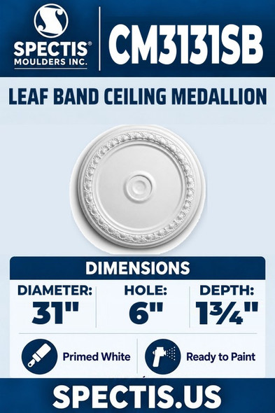 Spectis CM3131SB leaf band ceiling medallion, 31 inch with 6 inch center hole, 1 3/4 inch depth, primed polyurethane