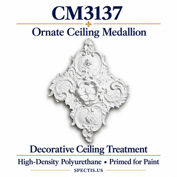 CM3137 ornate ceiling medallion, white primed high-density polyurethane. Product illustration.