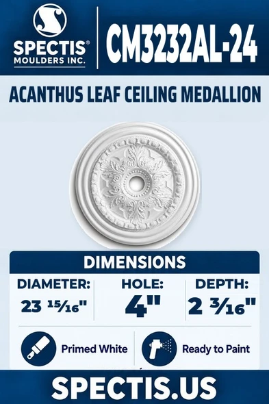 Spectis CM3232AL-24 acanthus leaf ceiling medallion, 23 15/16 inch with 4 inch center hole, 2 3/16 inch depth, primed polyurethane