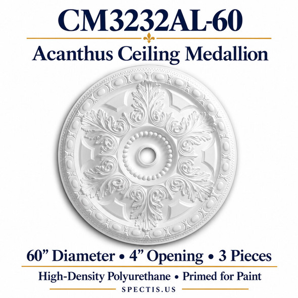 CM3232AL-60 acanthus ceiling medallion, white primed high-density polyurethane; 60" Diameter • 4" Opening • 3 Pieces. Product illustration.