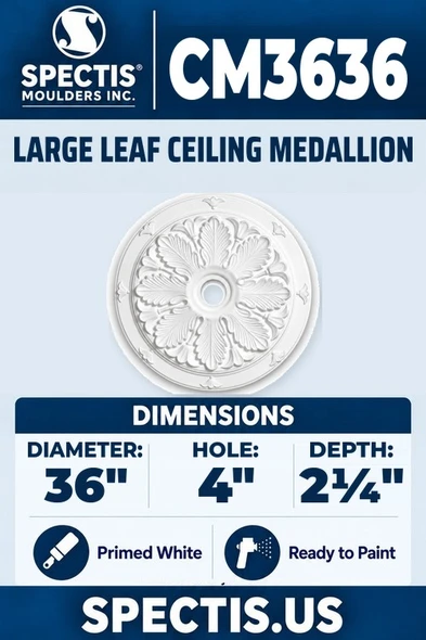 Spectis CM3636 large leaf ceiling medallion, 36 inch with 4 inch center hole, 2 1/4 inch depth, primed polyurethane