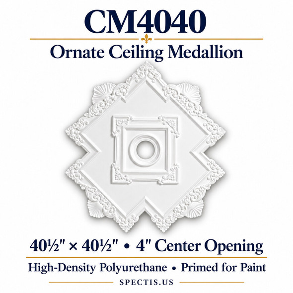CM4040 ornate ceiling medallion, white primed high-density polyurethane; 40½" × 40½" • 4" Center Opening. Product illustration.