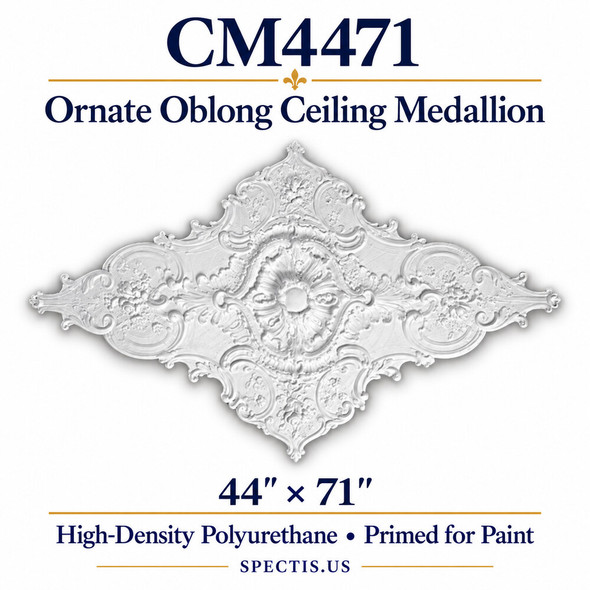 CM4471 ornate oblong ceiling medallion, white primed high-density polyurethane; 44" × 71". Product illustration.