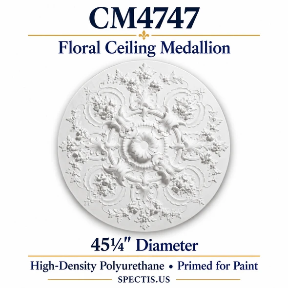 CM4747 floral ceiling medallion, white primed high-density polyurethane; 45¼" Diameter. Product illustration.