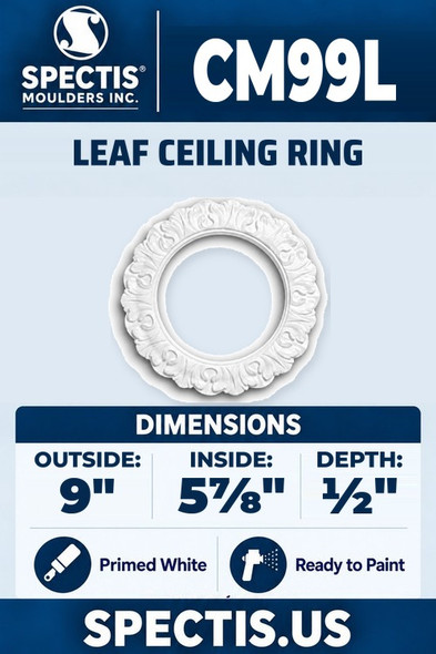 Spectis CM99L leaf ceiling ring, 9 inch outside, 5 7/8 inch inside diameter, 1/2 inch depth, primed polyurethane
