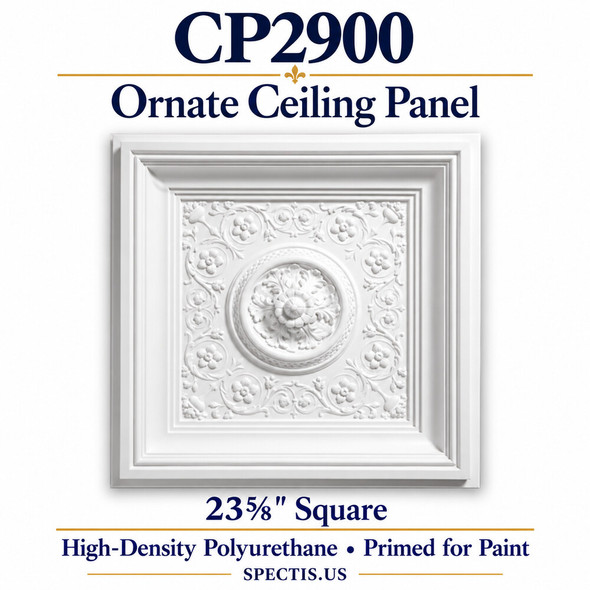 CP2900 ornate ceiling panel, white primed high-density polyurethane; 23⅝" Square. Product illustration.