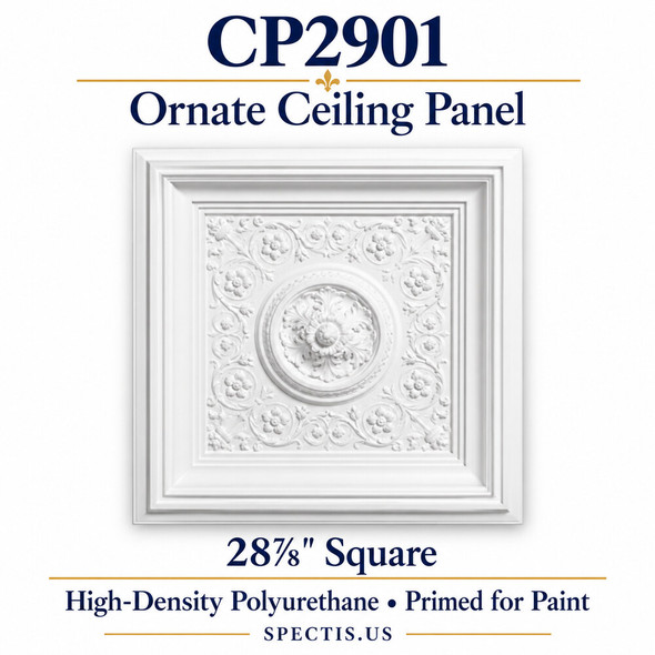 CP2901 ornate ceiling panel, white primed high-density polyurethane; 28⅞" Square. Product illustration.