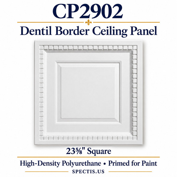 CP2902 dentil border ceiling panel, white primed high-density polyurethane; 23⅝" Square. Product illustration.