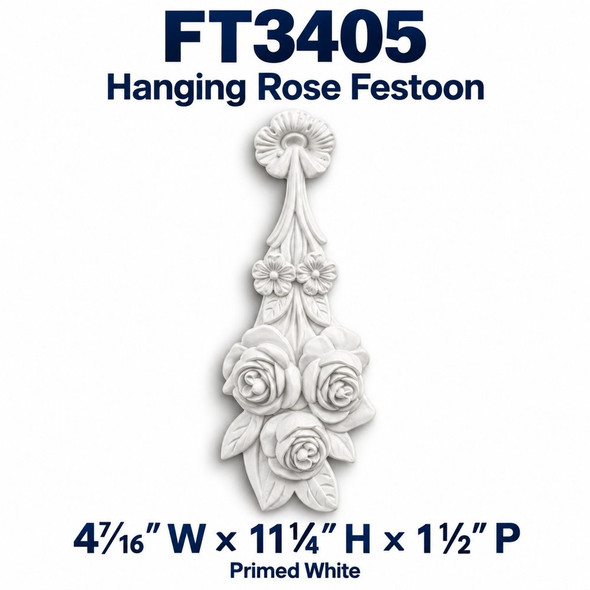 FT3405 Hanging Rose Festoon; 4⁷⁄₁₆″ W × 11¼″ H × 1½″ P; Primed White