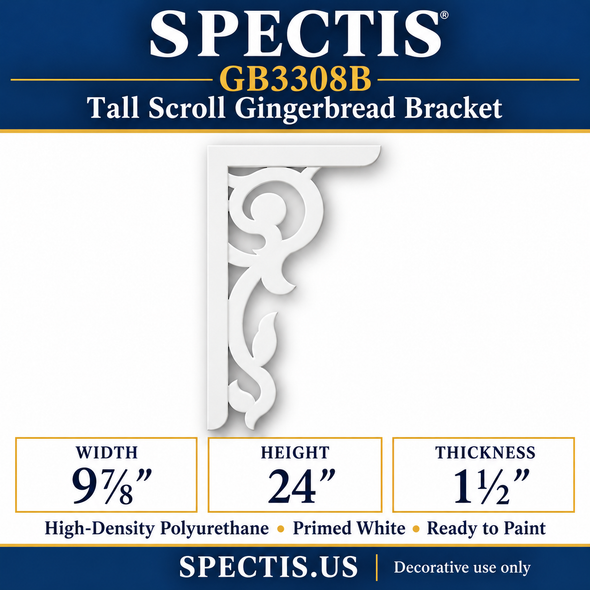 GB3308B Tall Scroll Gingerbread Bracket, 9⅞ inches wide x 24 inches high x 1½ inches thick, primed white HDP