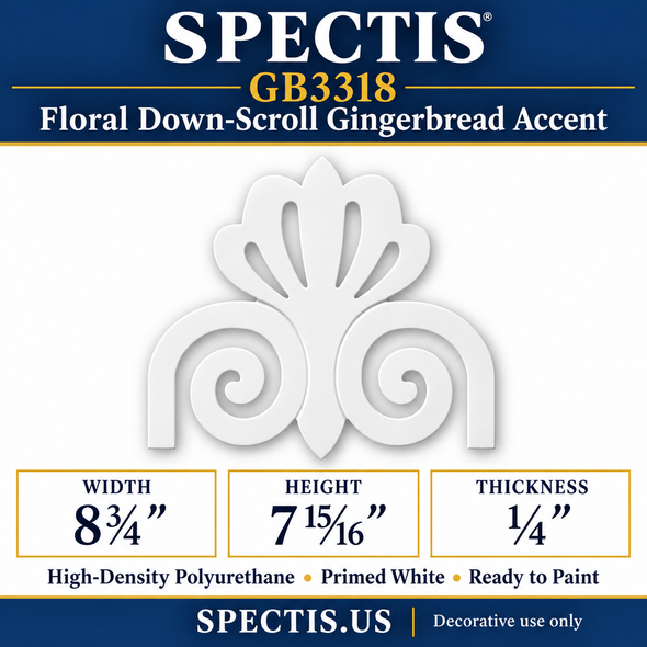 GB3318 Floral Down-Scroll Gingerbread Accent, 8¾ inches wide x 7 15/16 inches high x ¼ inches thick, primed white high-density polyurethane