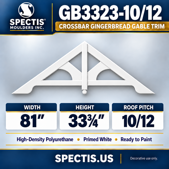 GB3323-10/12 Crossbar Gingerbread Gable Trim, 81 inches wide x 33.75 inches high, 10/12 roof pitch, primed white polyurethane
