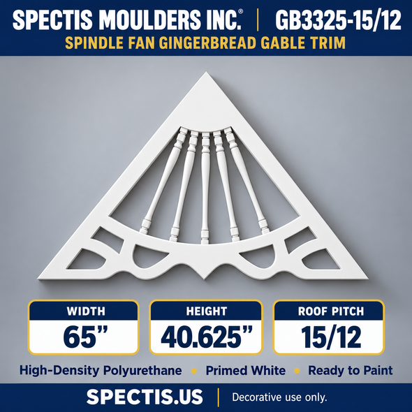 GB3325-15/12 Spindle Fan Gingerbread Gable Trim, 65 inches wide x 40.625 inches high, 15/12 roof pitch, primed white polyurethane