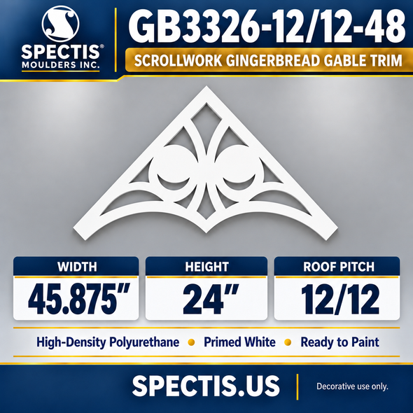 GB3326-12/12-48 Scrollwork Gingerbread Gable Trim, 45.875 inches wide x 24 inches high, 12/12 roof pitch, primed white polyurethane