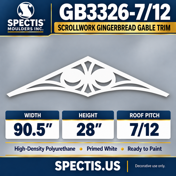 GB3326-7/12 Scrollwork Gingerbread Gable Trim, 90.5 inches wide x 28 inches high, 7/12 roof pitch, primed white polyurethane