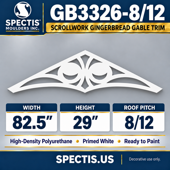 GB3326-8/12 Scrollwork Gingerbread Gable Trim, 82.5 inches wide x 29 inches high, 8/12 roof pitch, primed white polyurethane