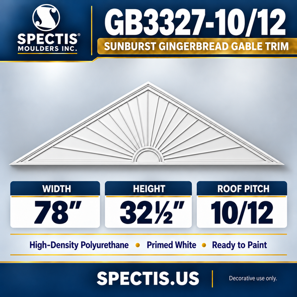GB3327-10/12 Sunburst Gingerbread Gable Trim, 78 inches wide x 32½ inches high, 10/12 roof pitch, primed white HDP