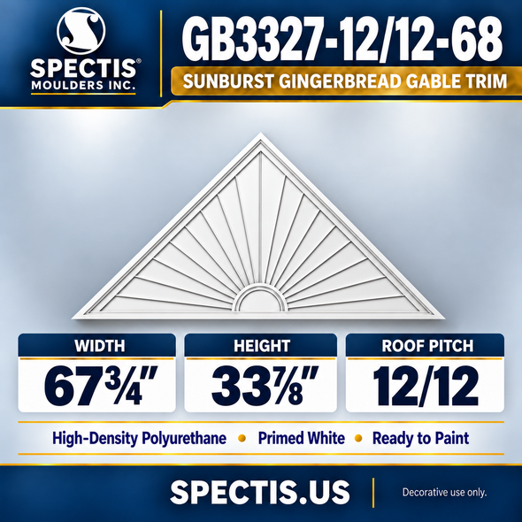 GB3327-12/12-68 Sunburst Gingerbread Gable Trim, 67¾ inches wide x 33⅞ inches high, 12/12 roof pitch, primed white HDP