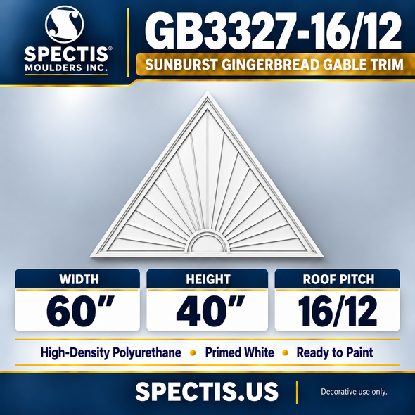 GB3327-16/12 Sunburst Gingerbread Gable Trim, 60 inches wide x 40 inches high, 16/12 roof pitch, primed white HDP