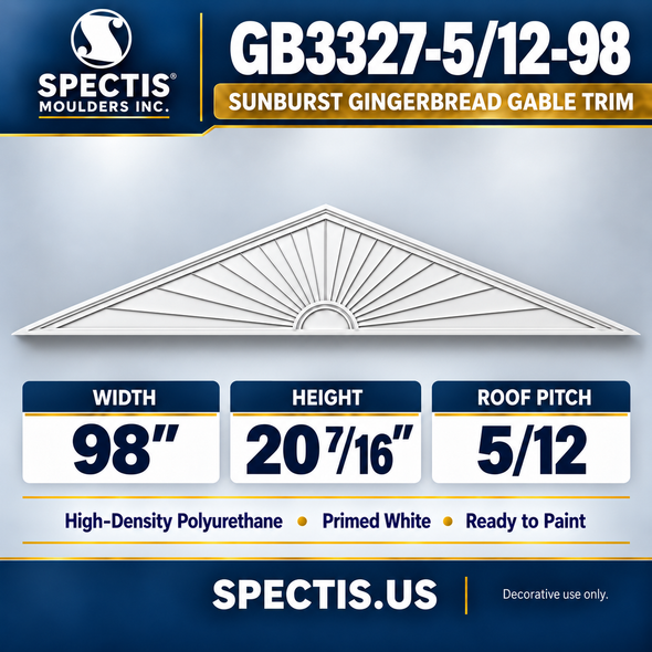GB3327-5/12-98 Sunburst Gingerbread Gable Trim, 98 inches wide x 20 7/16 inches high, 5/12 roof pitch, primed white HDP