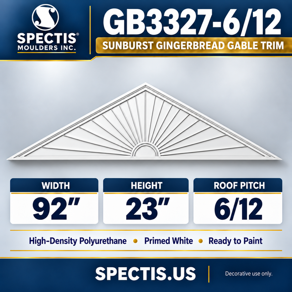 GB3327-6/12 Sunburst Gingerbread Gable Trim 92 inches wide x 23 inches high, primed white high-density polyurethane, 6/12 roof pitch