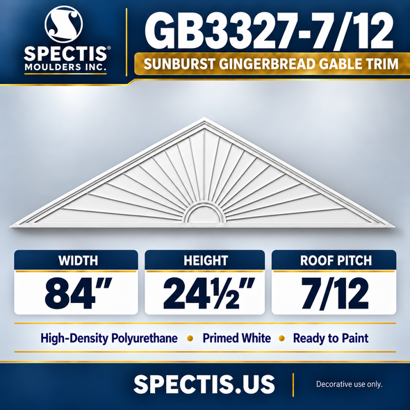 GB3327-7/12 Sunburst Gingerbread Gable Trim, 84 inches wide x 24½ inches high, 7/12 roof pitch, primed white HDP