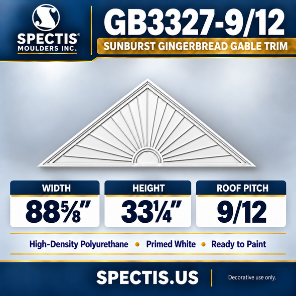 GB3327-9/12 Sunburst Gingerbread Gable Trim, 88⅝ inches wide x 33¼ inches high, 9/12 roof pitch, primed white HDP