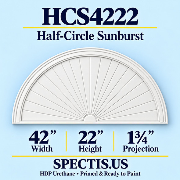 HCS4222 Sunburst — 42 inch width x 22 inch height x 1 3/4 inch projection — primed HDP urethane