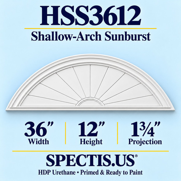 HSS3612 Sunburst — 36 inch width x 12 inch height x 1 3/4 inch projection — primed HDP urethane