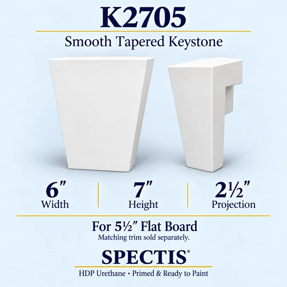 K2705 smooth tapered keystone in primed HDP urethane, front and side profile views; 6 inch W x 7 inch H x 2½ inch P