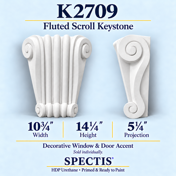 K2709 fluted scroll keystone in primed HDP urethane, front and side profile views; 10¾ inch W x 14¼ inch H x 5¼ inch P