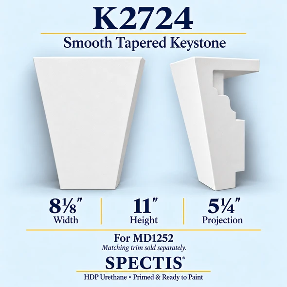 K2724 smooth tapered keystone in primed HDP urethane, front and side profile views; 8⅛ inch W x 11 inch H x 5¼ inch P