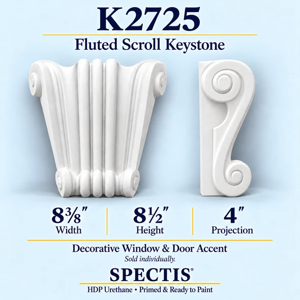K2725 Fluted Scroll Keystone in primed HDP urethane, front and side profile views; 8⅜ inch W x 8½ inch H x 4 inch P