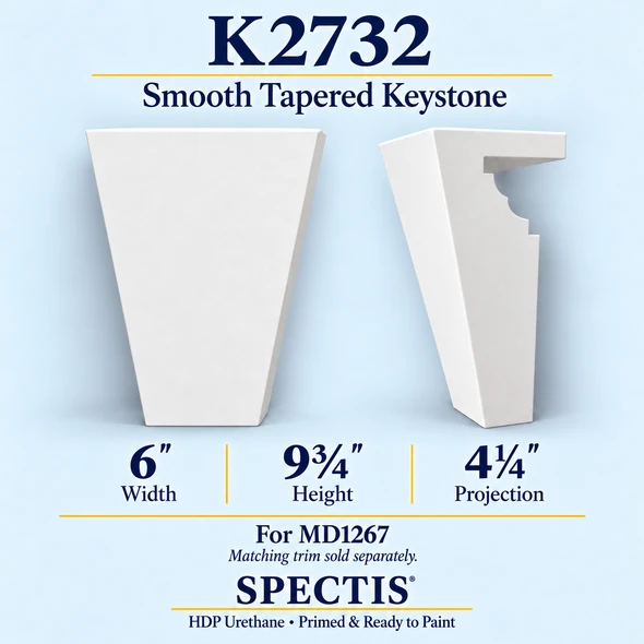K2732 smooth tapered keystone in primed HDP urethane, front and side profile views; 6 inch W x 9¾ inch H x 4¼ inch P