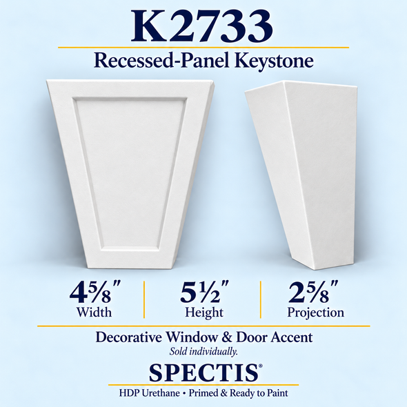K2733 recessed-panel keystone in primed HDP urethane, front and side profile views; 4⅝ inch W x 5½ inch H x 2⅝ inch P