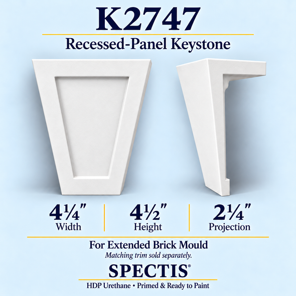 K2747 recessed-panel keystone in primed HDP urethane, front and side profile views; 4¼ inch W x 4½ inch H x 2¼ inch P