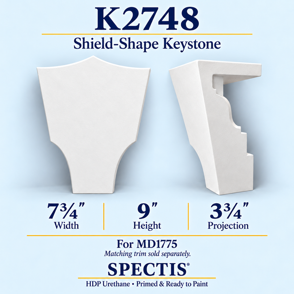 K2748 shield-shape keystone in primed HDP urethane, front and side profile views; 7¾ inch W x 9 inch H x 3¾ inch P
