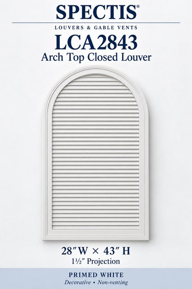 LCA2843 Arch Top Closed Louver — 28″ W × 43″ H × 1½″ projection — primed white, decorative and non-venting