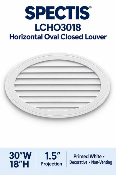 LCHO3018 Horizontal Oval Closed Louver — 30″ W × 18″ H — Primed White