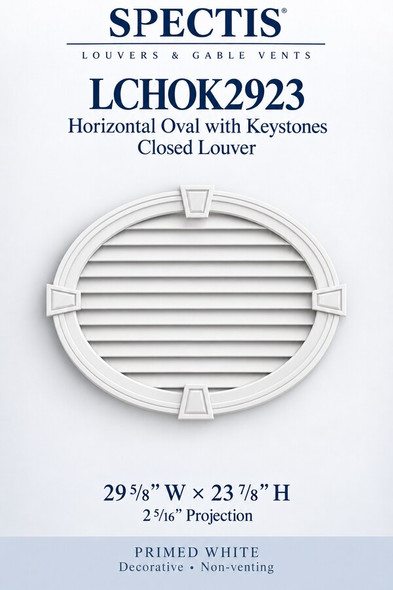 LCHOK2923 horizontal oval closed louver with keystones, primed white, decorative and non-venting