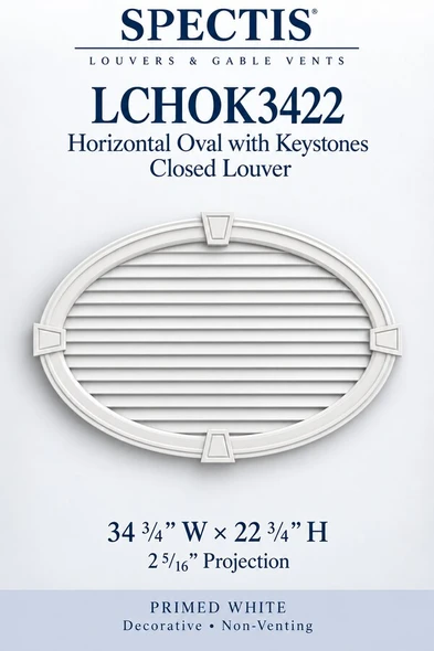 LCHOK3422 horizontal oval closed louver with keystones, primed white, decorative and non-venting