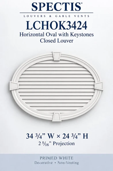 LCHOK3424 horizontal oval closed louver with keystones, primed white, decorative and non-venting