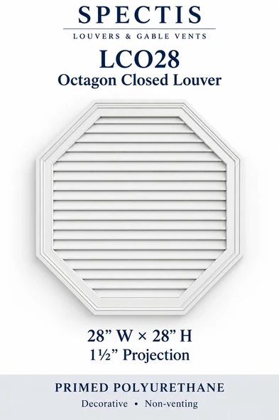 LCO28 Octagon Closed Louver — 28″ W × 28″ H × 1½″ projection — decorative, non-venting